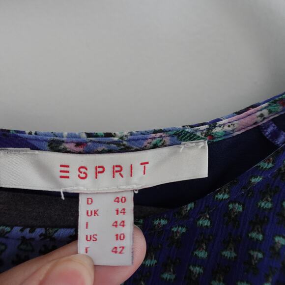 Esprit Patchwork Blue Dress Multi Print Cottage Retro Boho Size 10 Short Sleeve - Picture 3 of 12